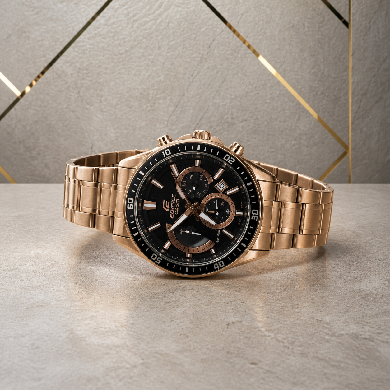Casio Edifice rose-gold-tone chronograph watch flat lay