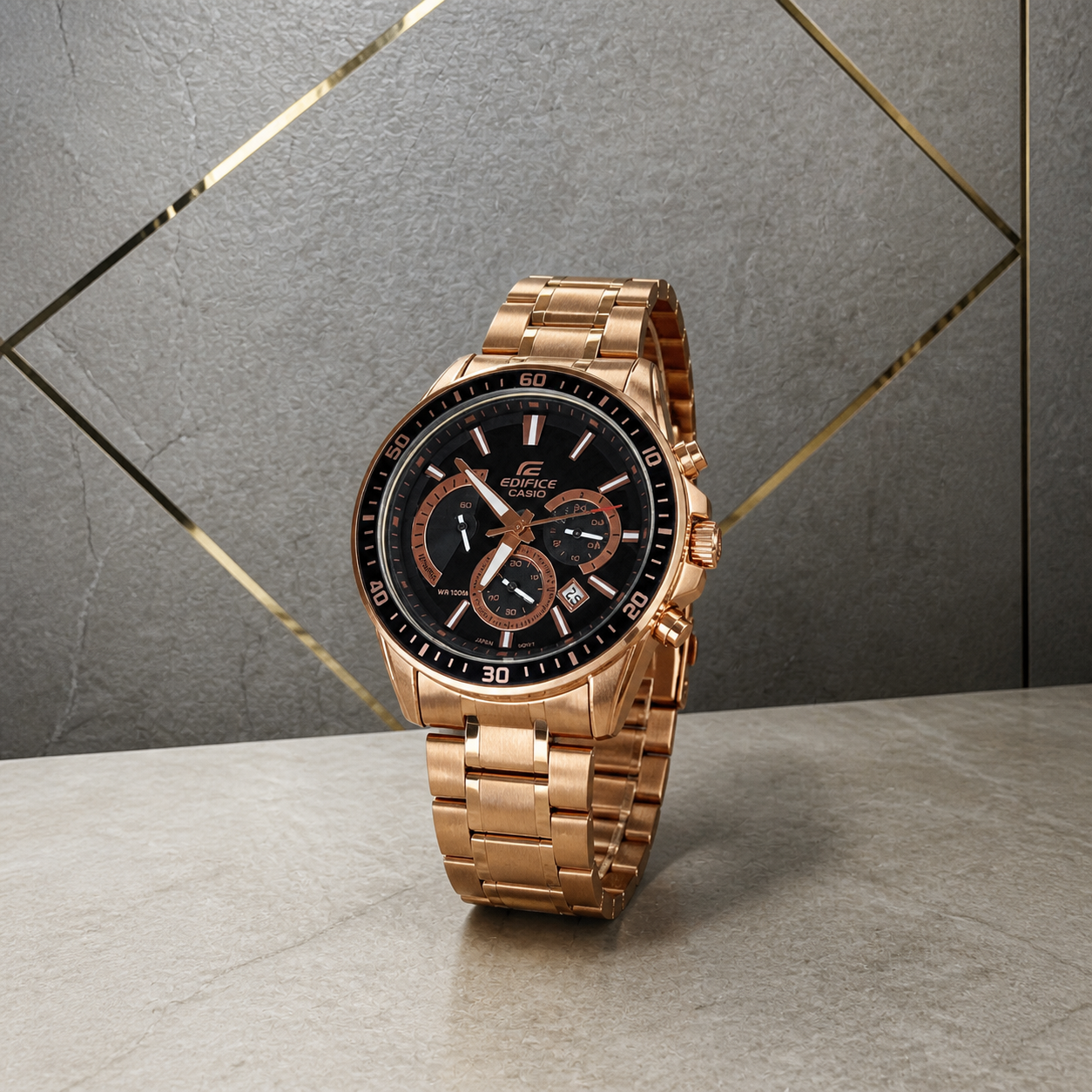 Casio Edifice rose-gold-tone black chronograph three-quarter view