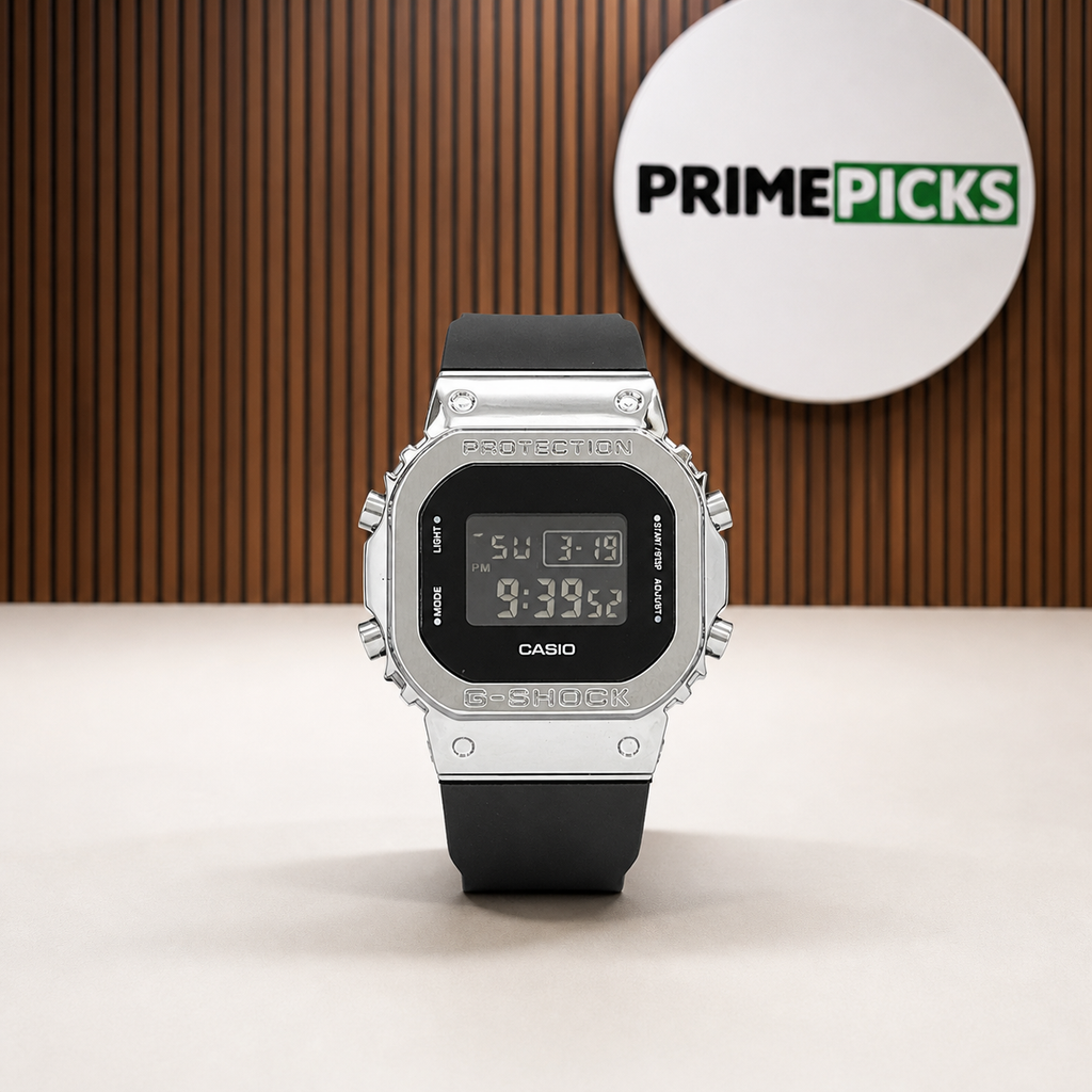 Casio G-Shock G-Steel GM-5600 watch beside the round PrimePicks logo board
