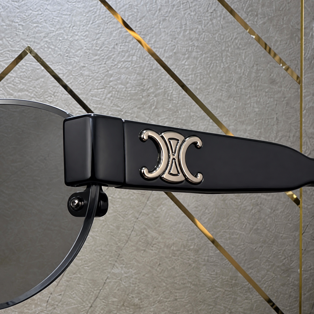 Celine grey rimless sunglasses temple emblem detail at PrimePicks