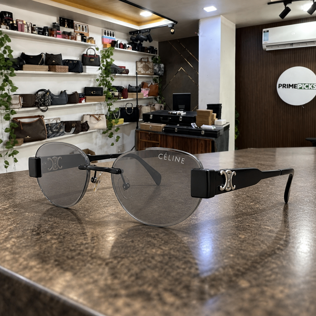 Celine grey rimless sunglasses office lifestyle view at PrimePicks