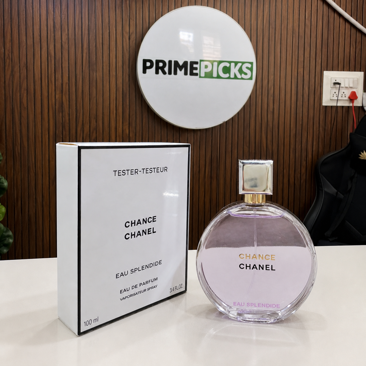 Chance Chanel Eau Splendide Eau de Parfum tester 100ml in the PrimePicks office with the PrimePicks sign