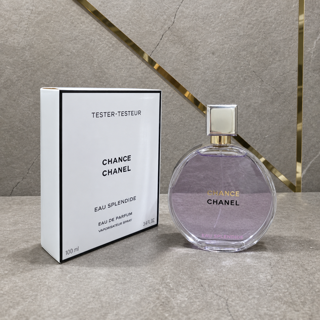 Chance Chanel Eau Splendide Eau de Parfum tester 100ml against the PrimePicks grey stone and gold wall