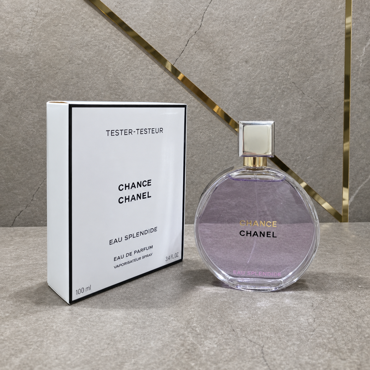 Chance Chanel Eau Splendide Eau de Parfum tester 100ml against the PrimePicks grey stone and gold wall