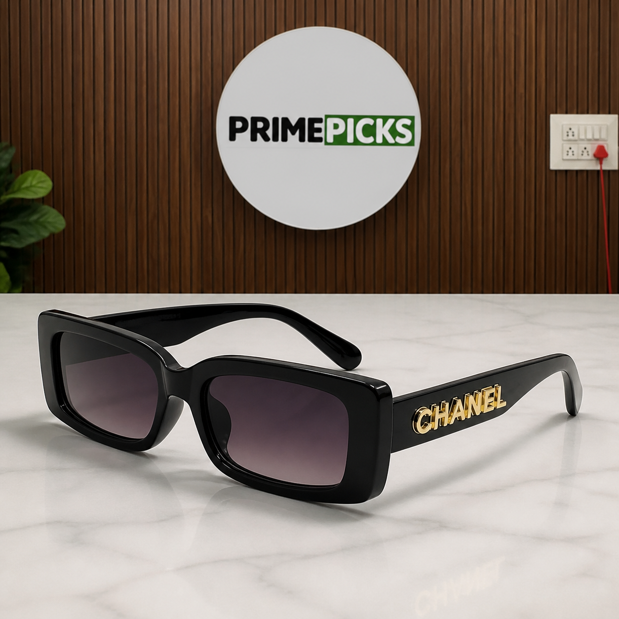 Chanel black rectangular gradient sunglasses hero view at PrimePicks