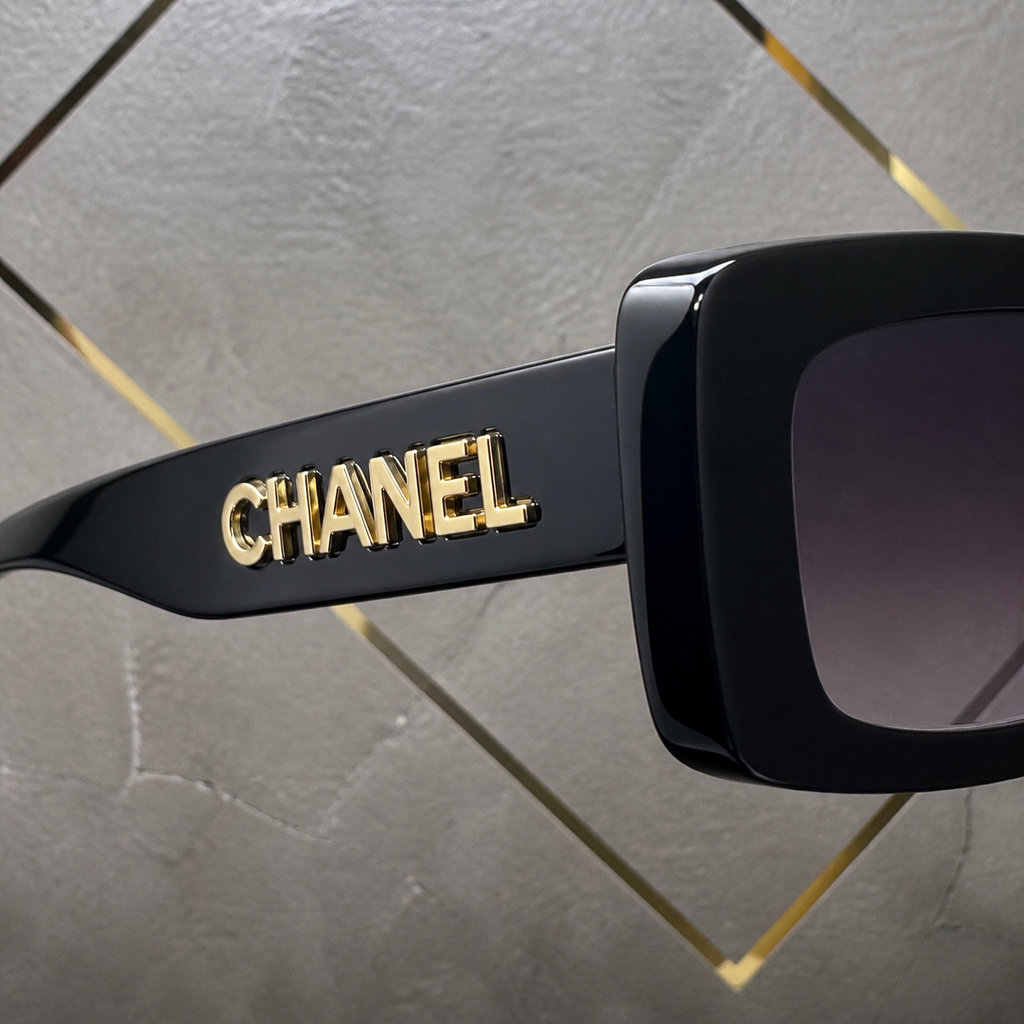 Chanel black rectangular gradient sunglasses temple wordmark detail at PrimePicks