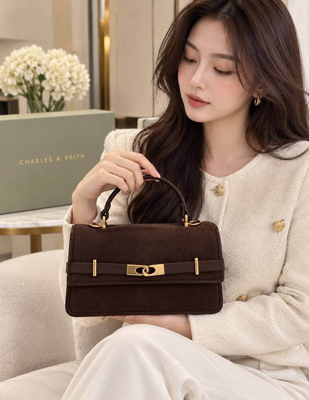 Brown Charles & Keith Arlet belted top-handle bag lifestyle view