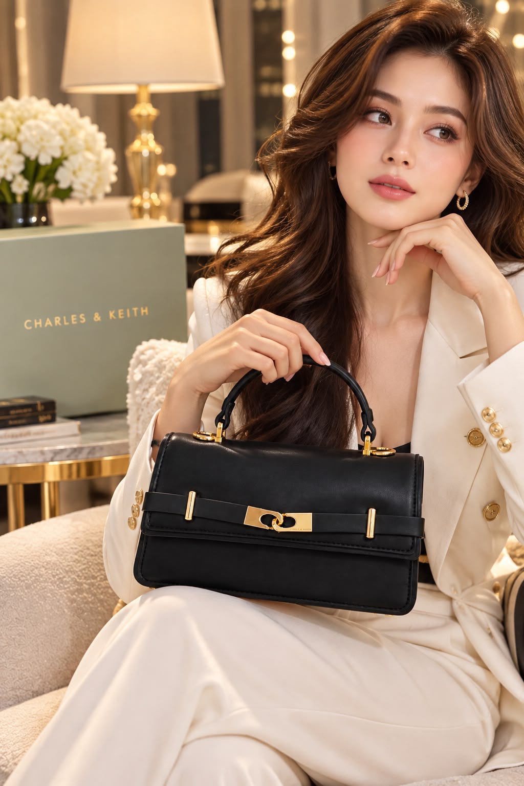 Black Charles & Keith Arlet belted top-handle bag lifestyle view