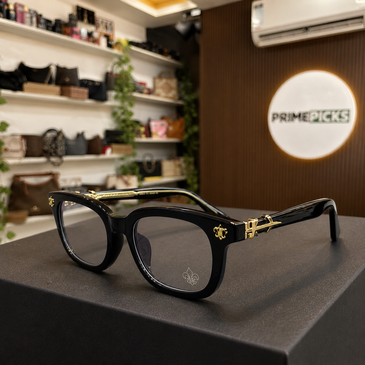 Chrome Heart clear-lens frame in PrimePicks office setting