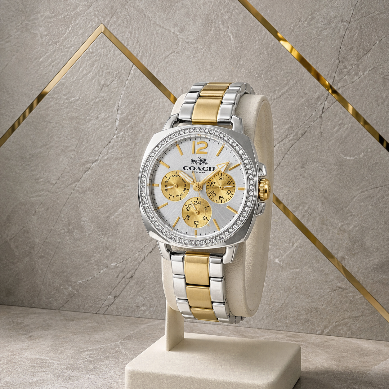 Coach Boyfriend two-tone multifunction watch three-quarter view