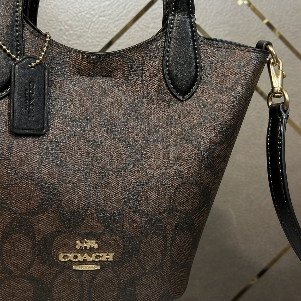 Coach bucket bag logo and signature pattern detail