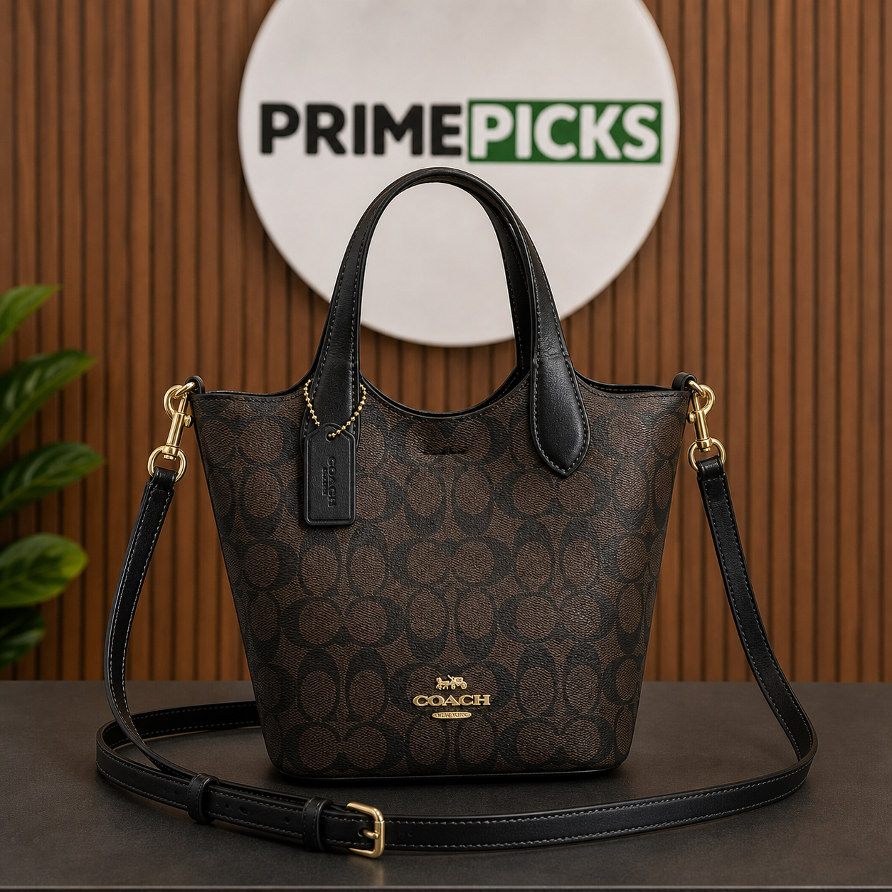 Coach bucket bag hero view in PrimePicks office