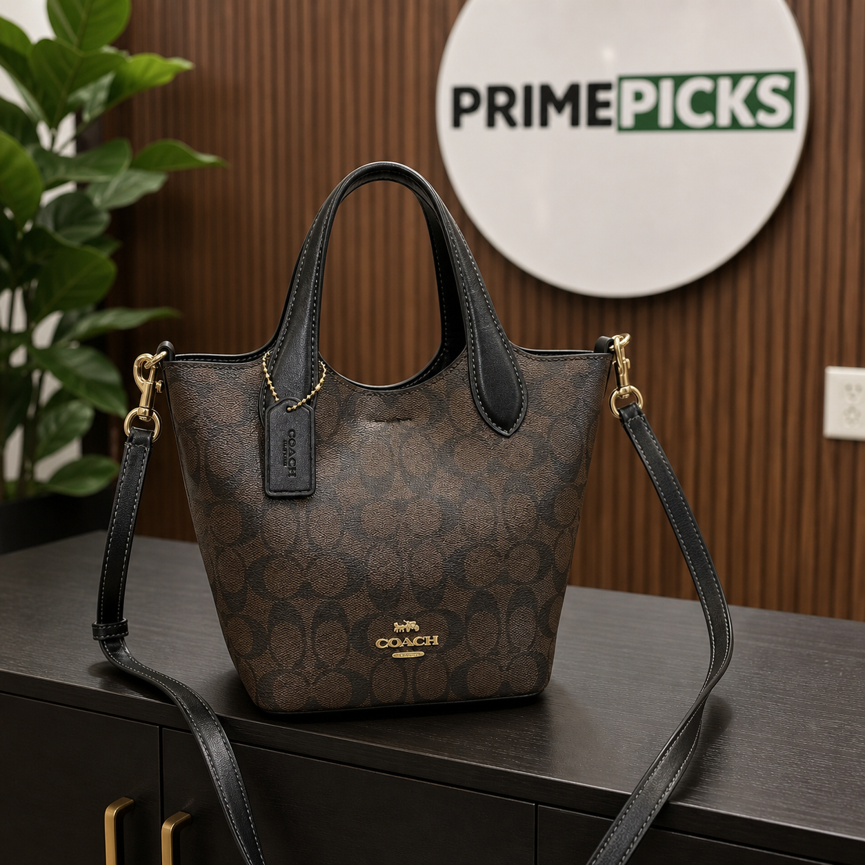 Coach bucket bag lifestyle view in PrimePicks office