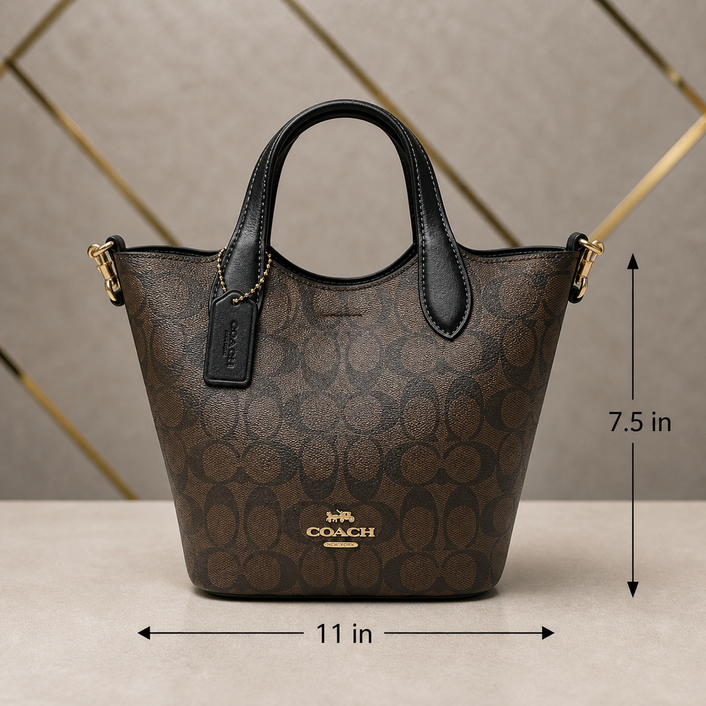 Coach bucket bag size reference 11 by 7.5 inches