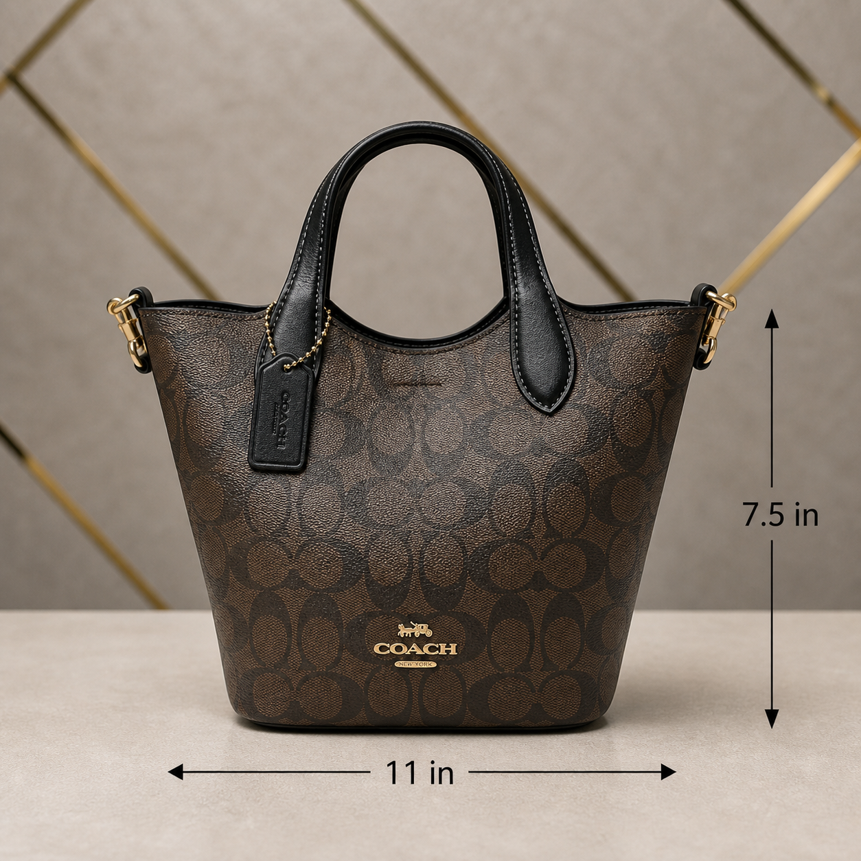Coach bucket bag size reference 11 by 7.5 inches