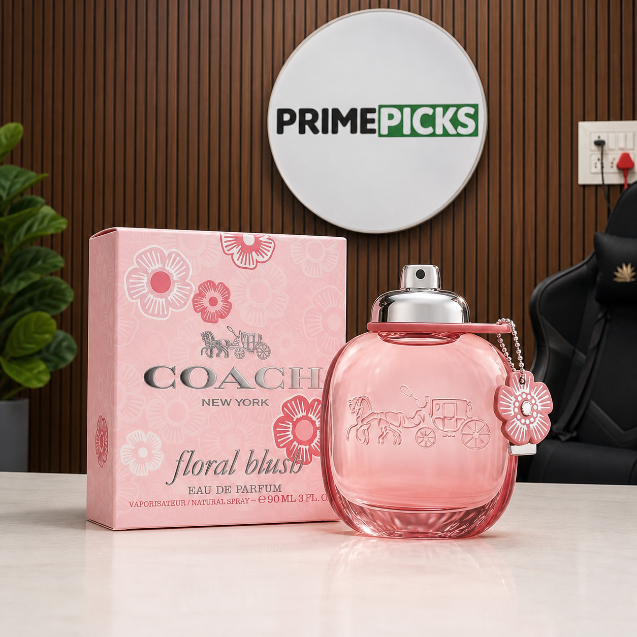 Coach Floral Blush Eau de Parfum 90ml in the PrimePicks office with the PrimePicks sign