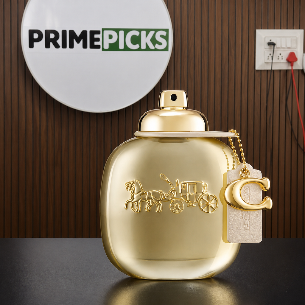 Coach Gold Parfum 90ml bottle at the PrimePicks office