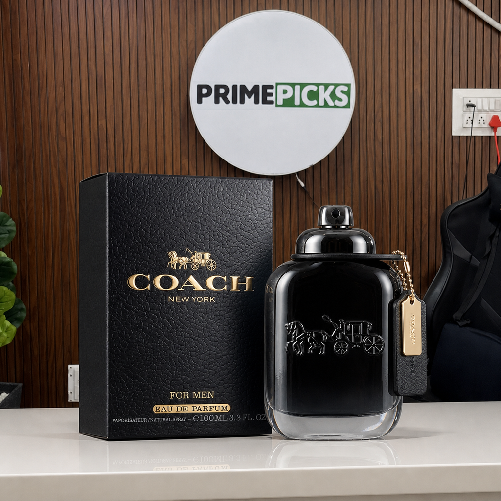 Coach New York Eau de Parfum for men 100ml in the PrimePicks office with the PrimePicks sign