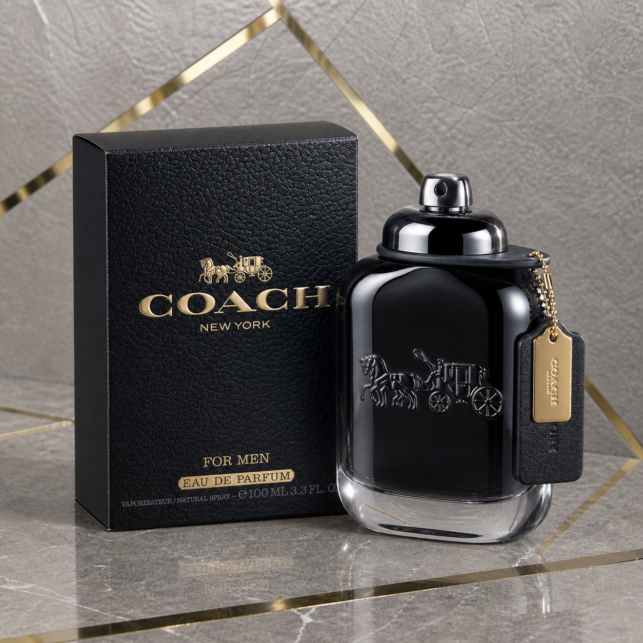 Coach New York Eau de Parfum for men 100ml against the PrimePicks grey stone and gold wall