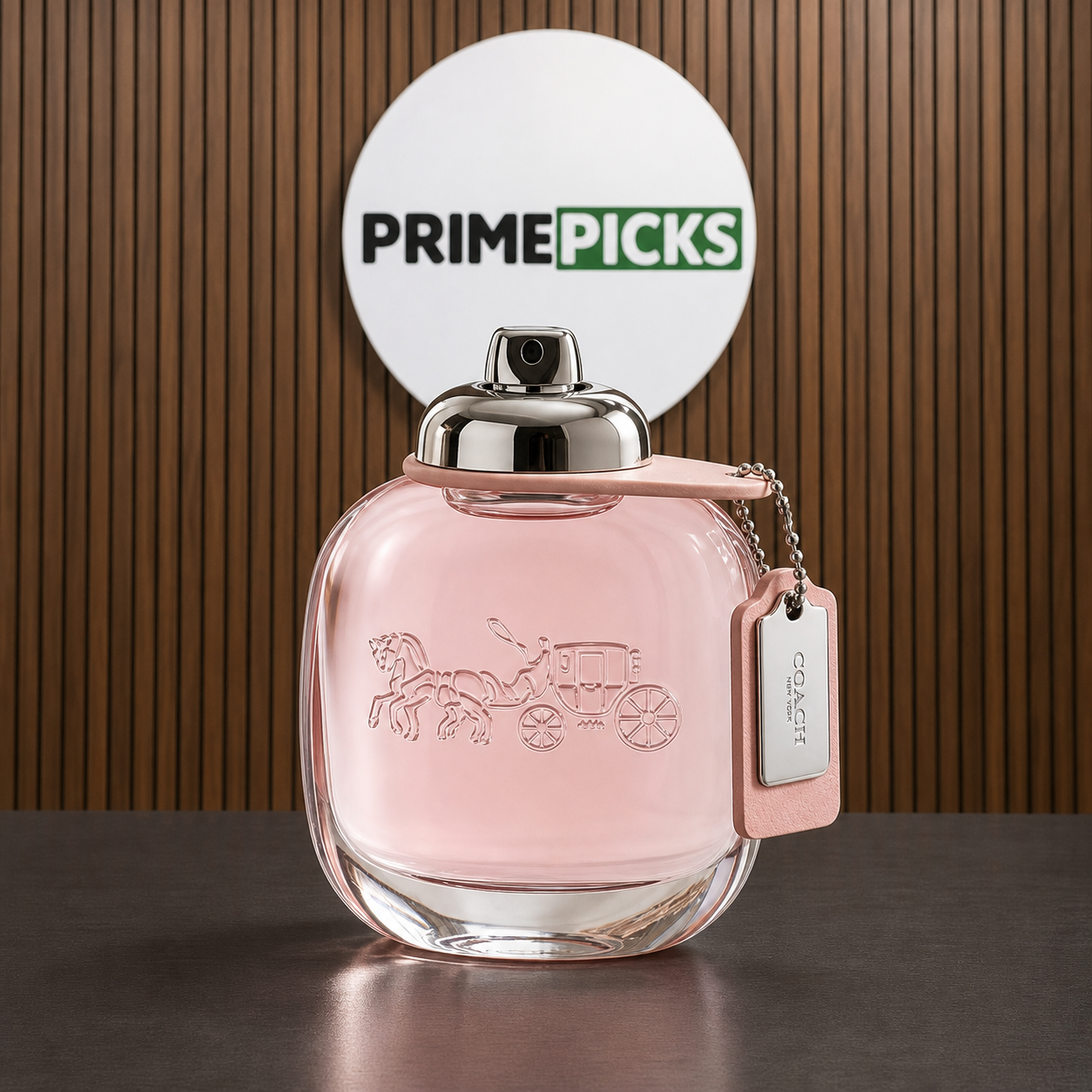 Coach New York Eau de Toilette for women in the PrimePicks office with the PrimePicks sign