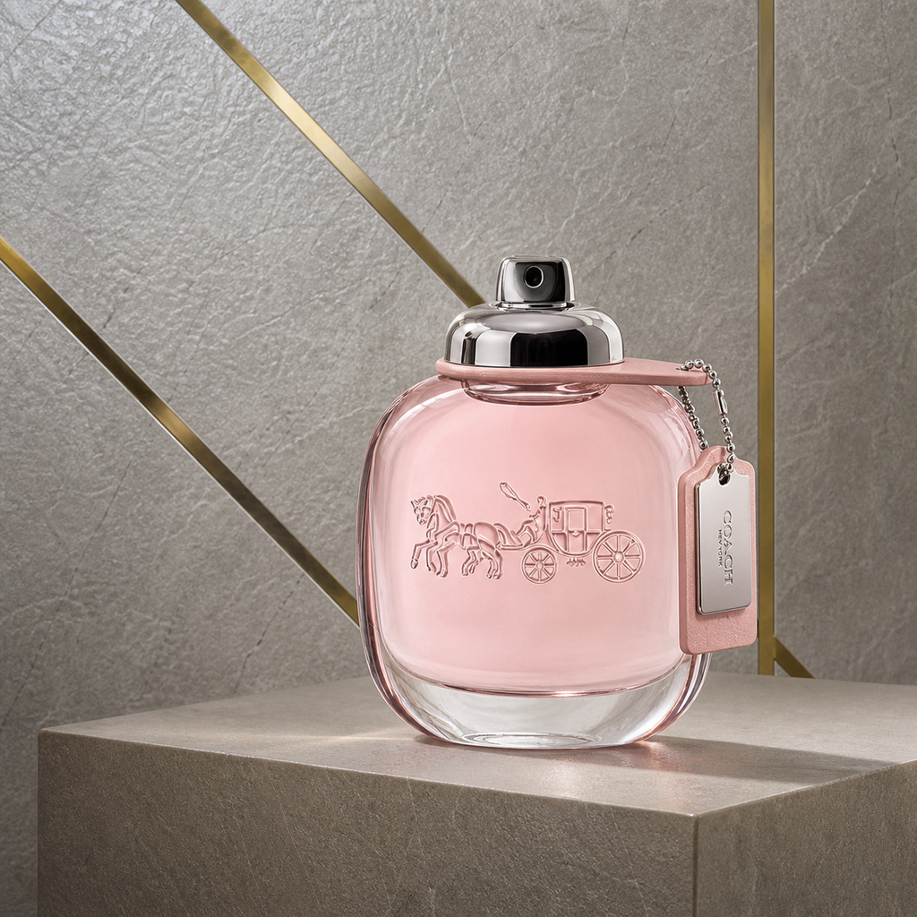 Coach New York Eau de Toilette against the PrimePicks grey stone and gold wall