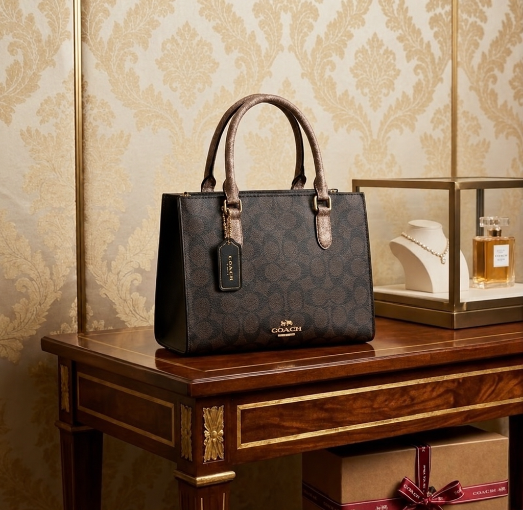 Coach Maggie tote in Dark Brown Signature lifestyle view