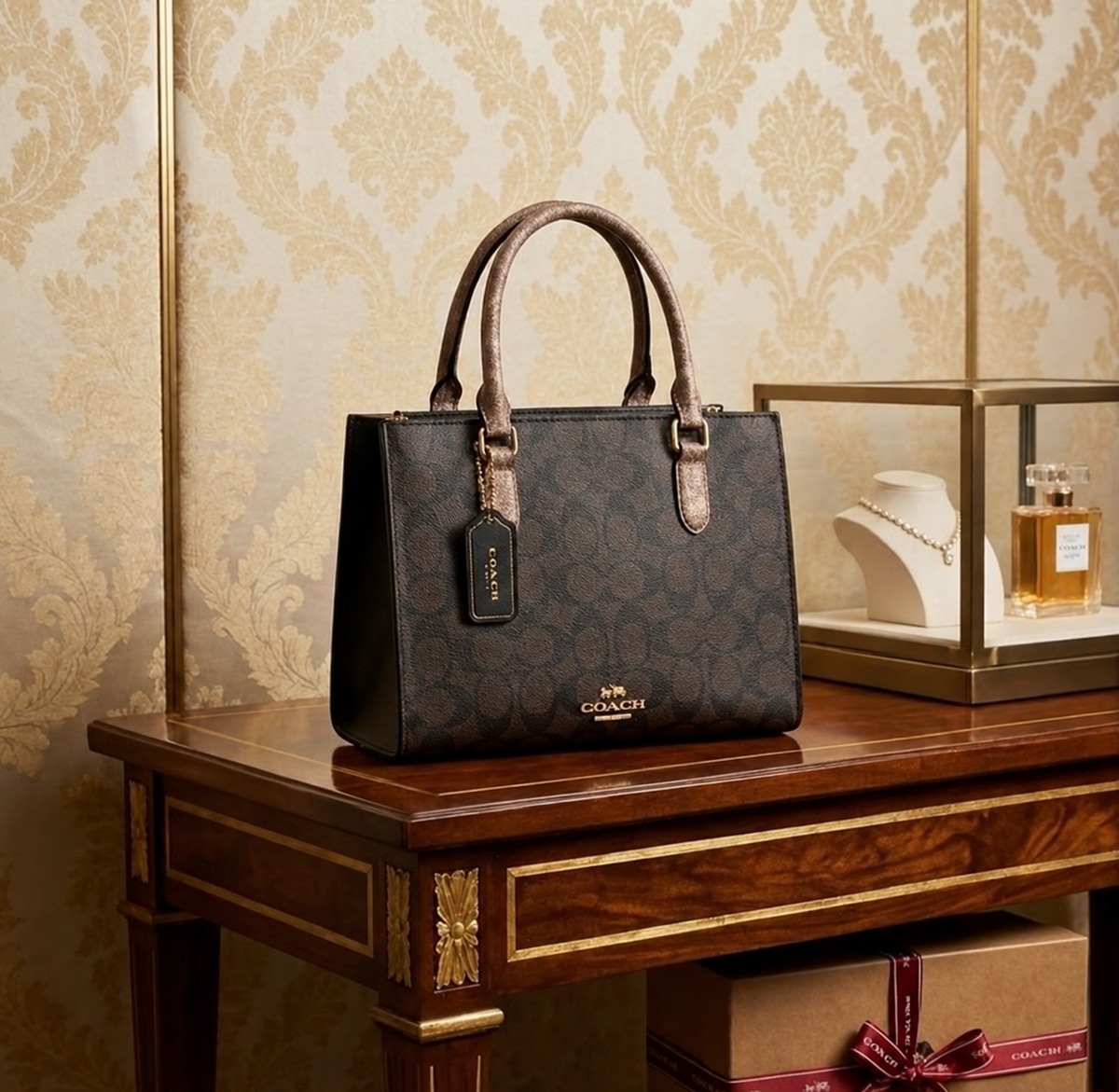 Coach Maggie tote in Dark Brown Signature lifestyle view