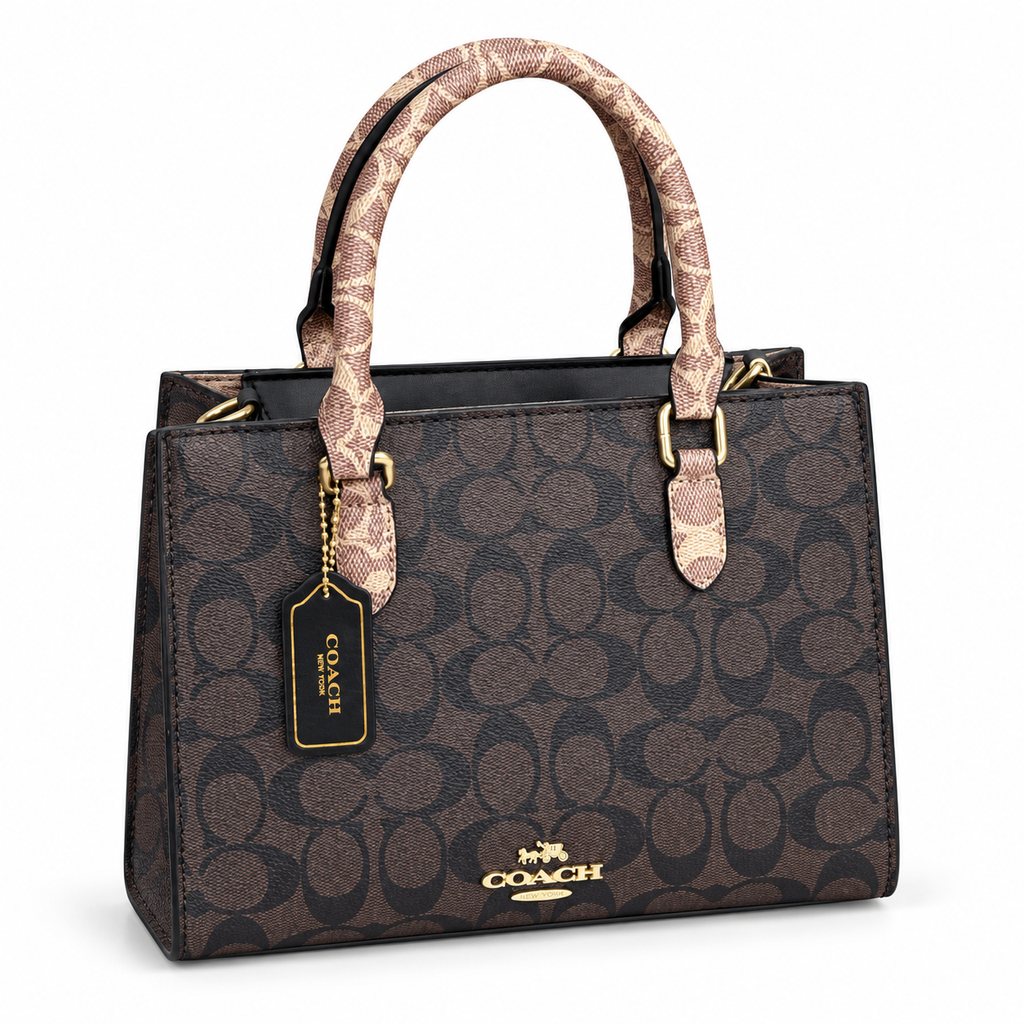 Coach Maggie tote in Dark Brown Signature on white background