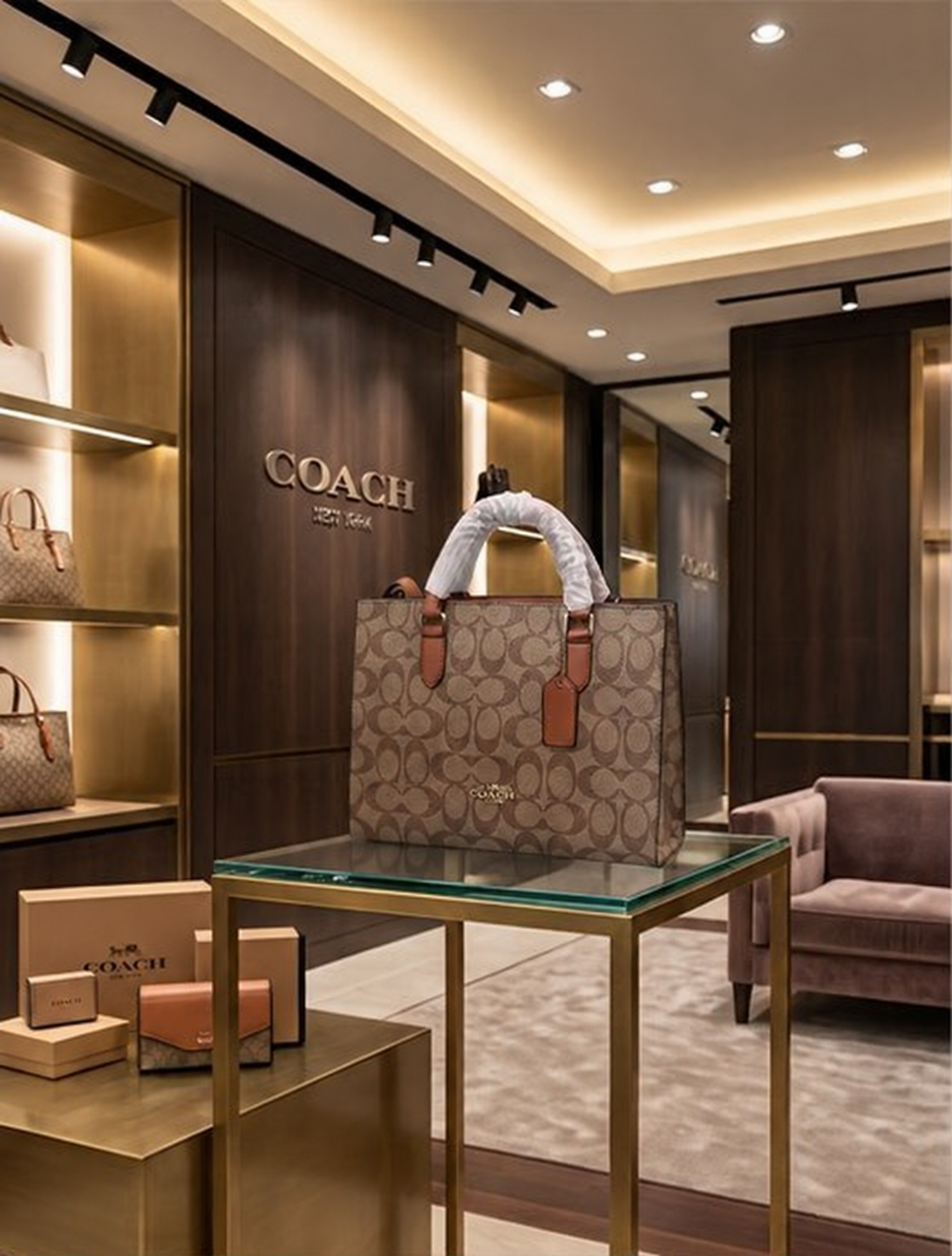 Coach Maggie tote in Khaki Signature boutique view