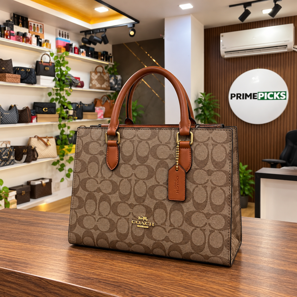 Coach Maggie tote in Khaki Signature at the PrimePicks office