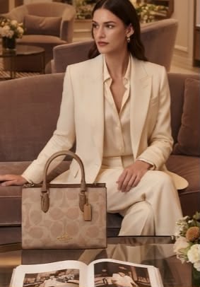 Coach Maggie tote in Light Beige Signature seated lifestyle view