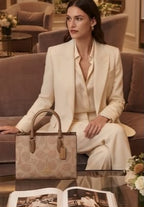 Coach Maggie tote in Light Beige Signature seated lifestyle view