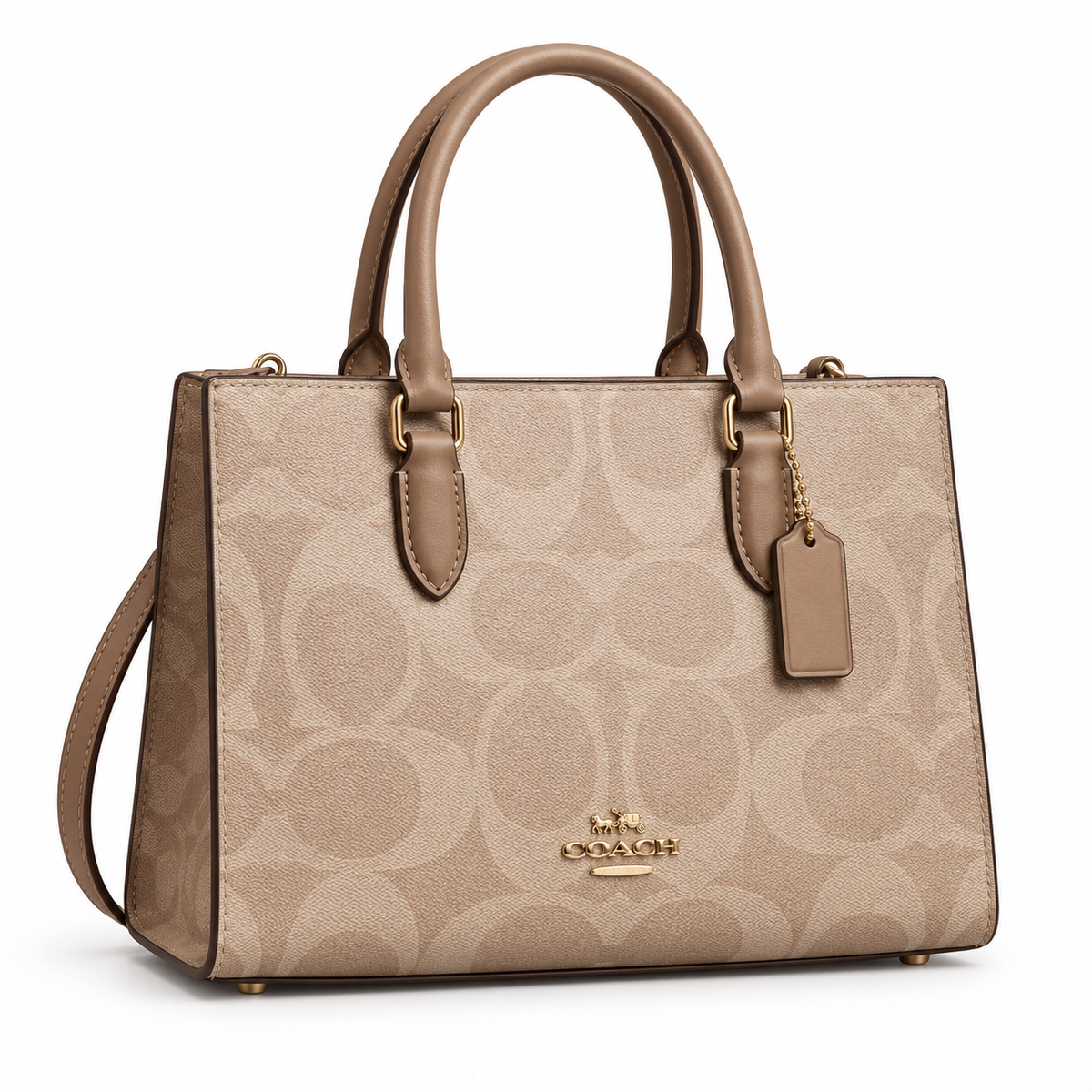 Coach Maggie tote in Light Beige Signature on white background