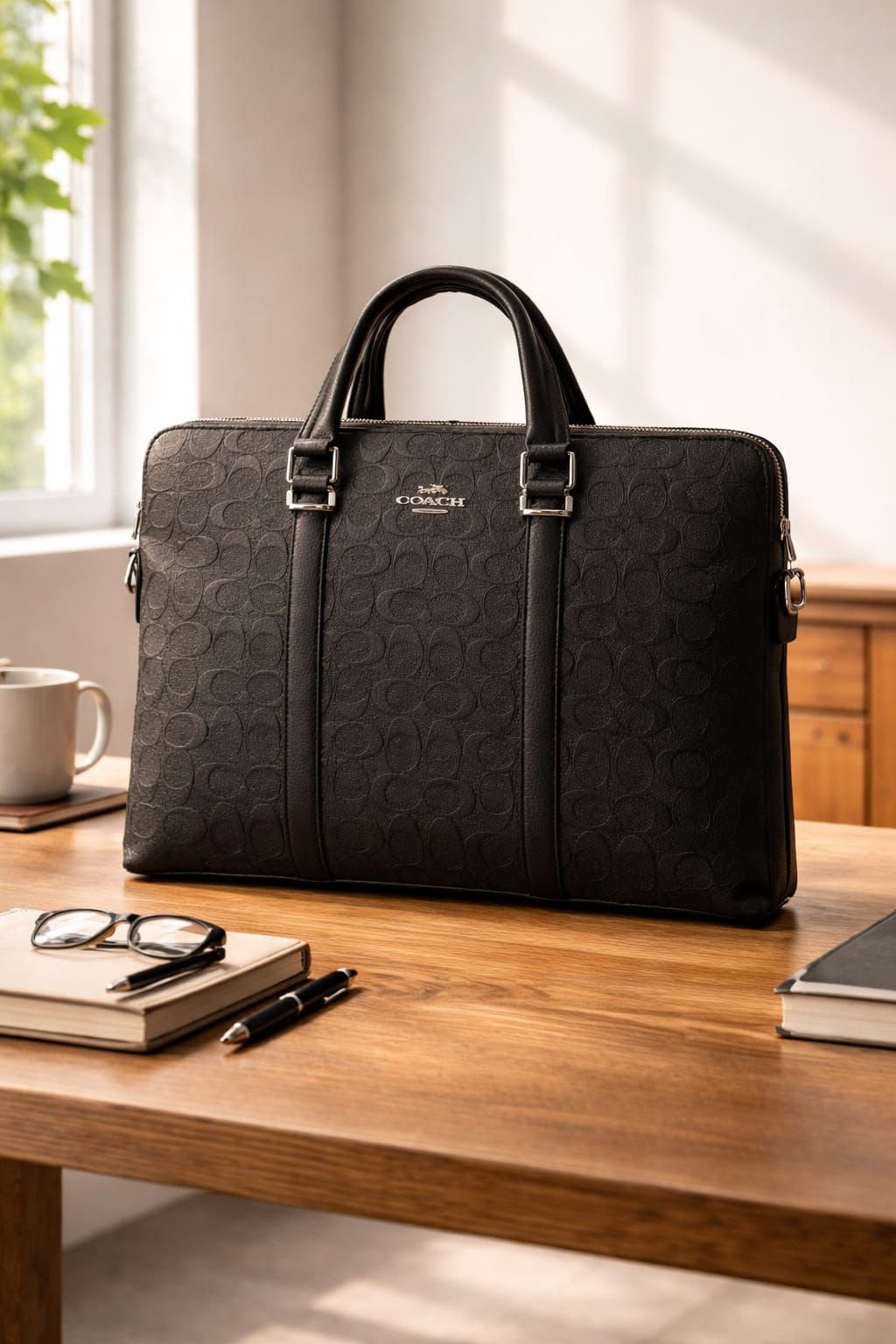 Coach black signature laptop bag displayed on an office desk