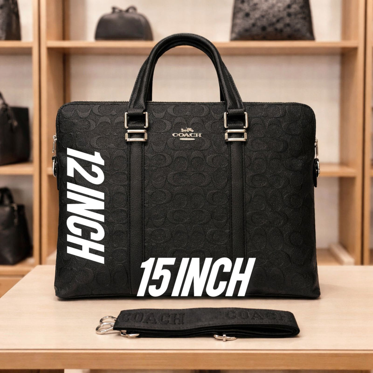 Coach black signature laptop bag front view with 15 inch size reference