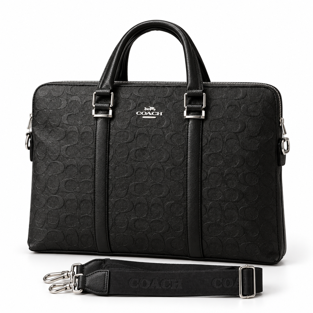 Coach black signature laptop bag on a clean white background