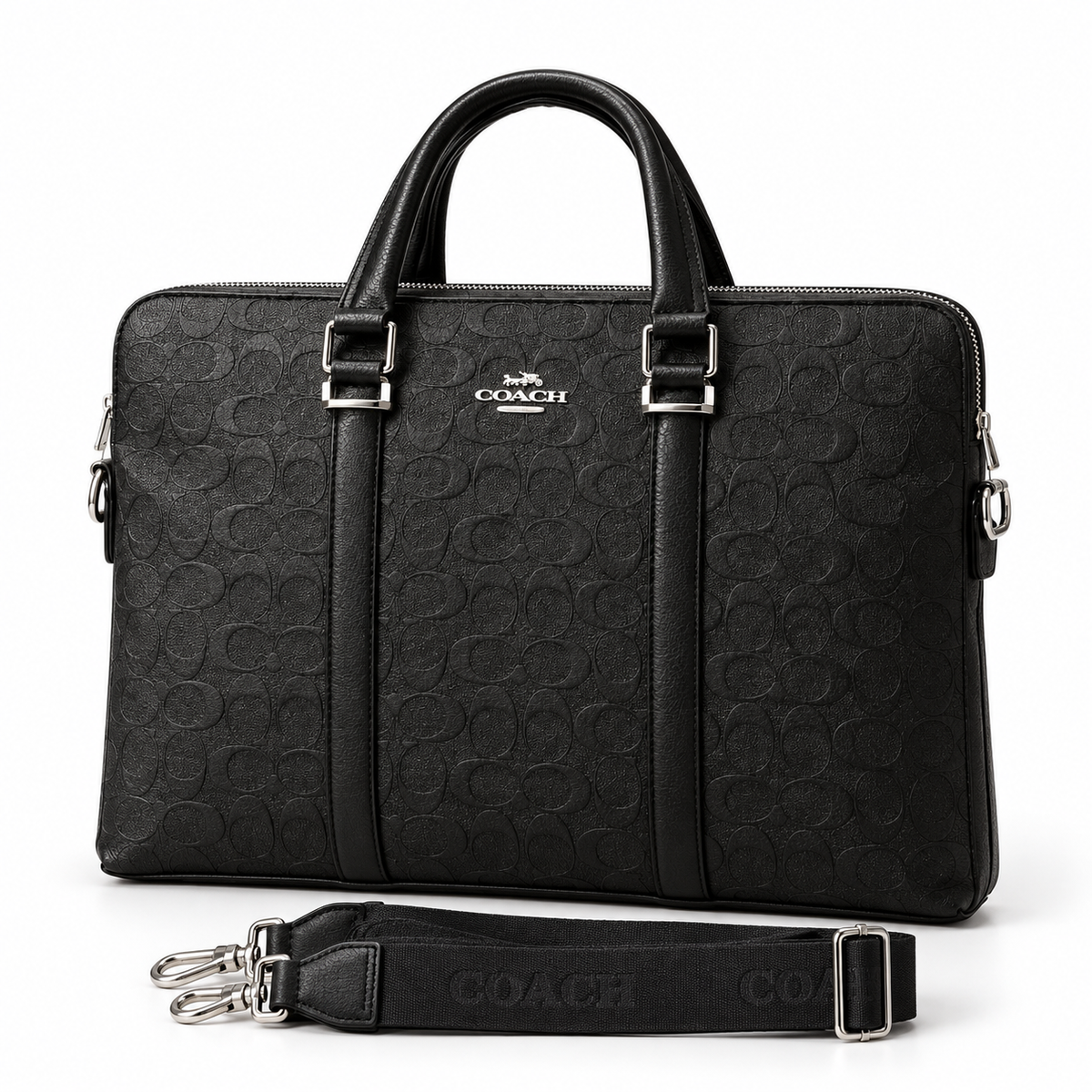 Coach black signature laptop bag on a clean white background