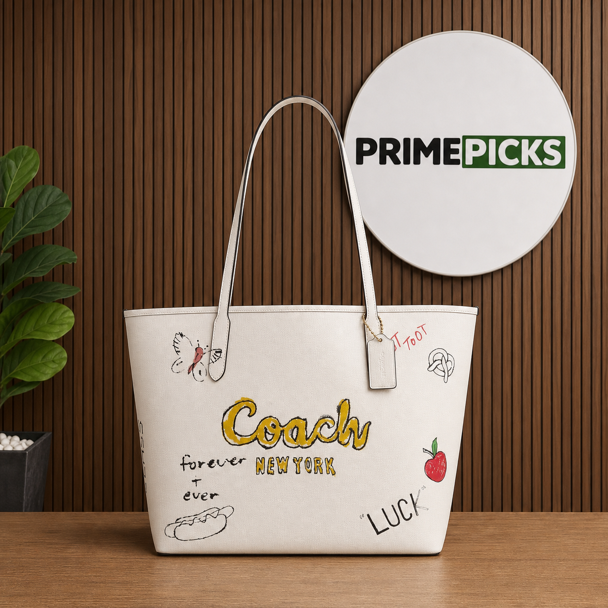 Coach Sketch Print Tote Bag hero in PrimePicks office with logo board