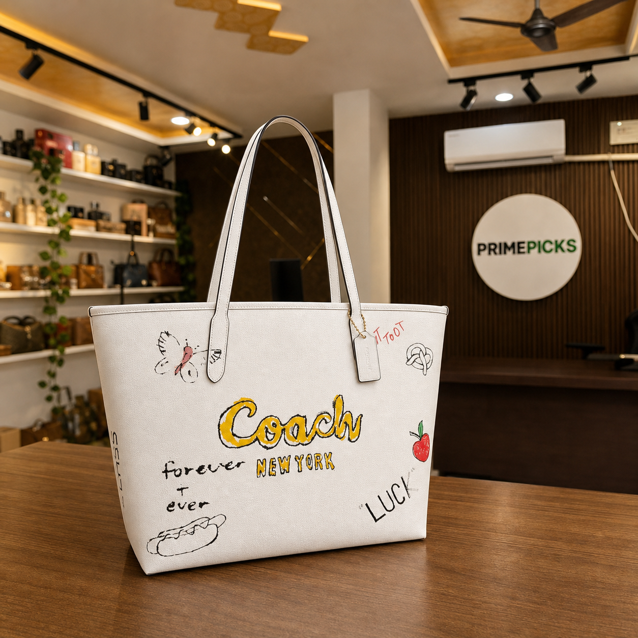 Coach Sketch Print Tote Bag displayed in the PrimePicks showroom