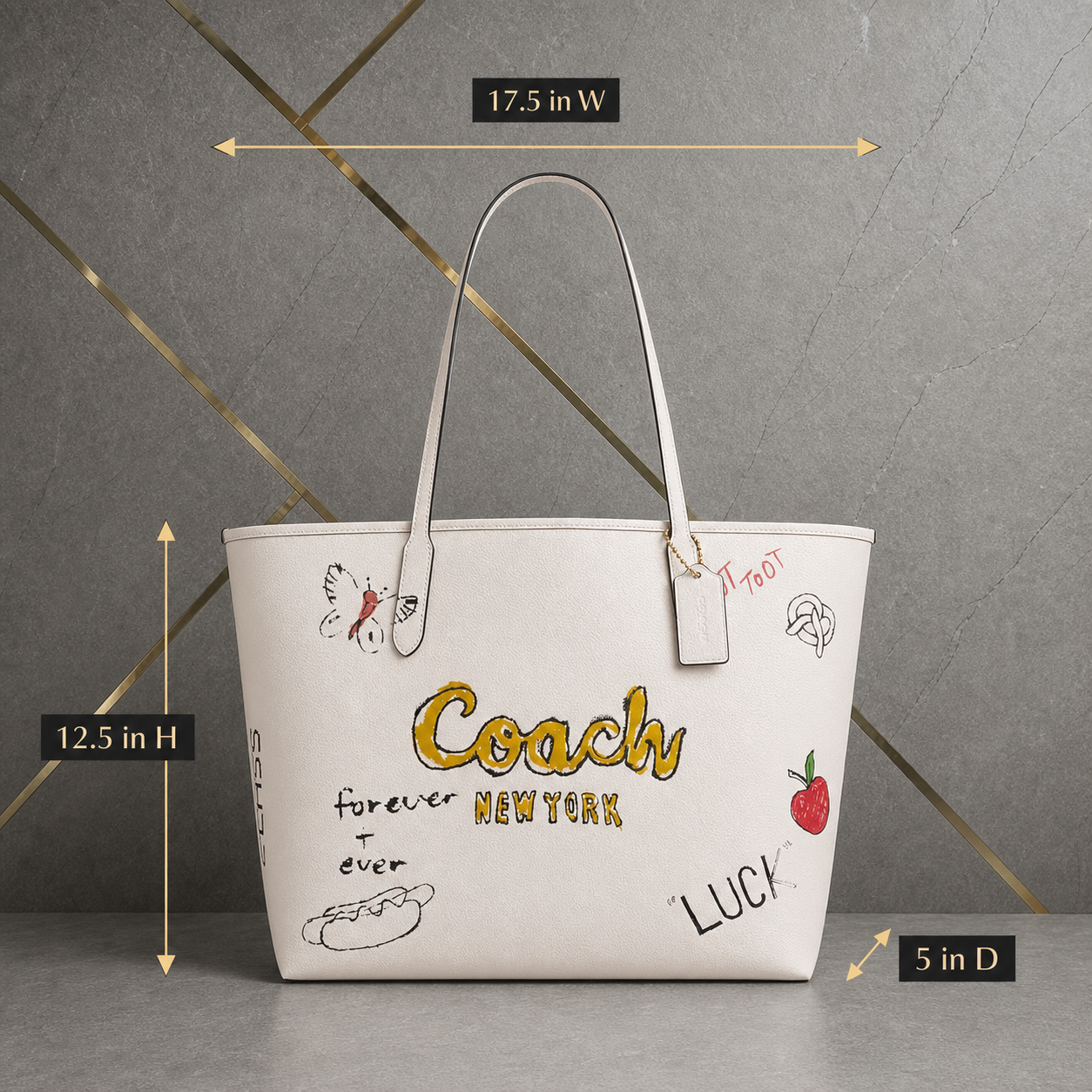 Coach Sketch Print Tote Bag size guide 17.5 inches wide, 12.5 inches high and 5 inches deep