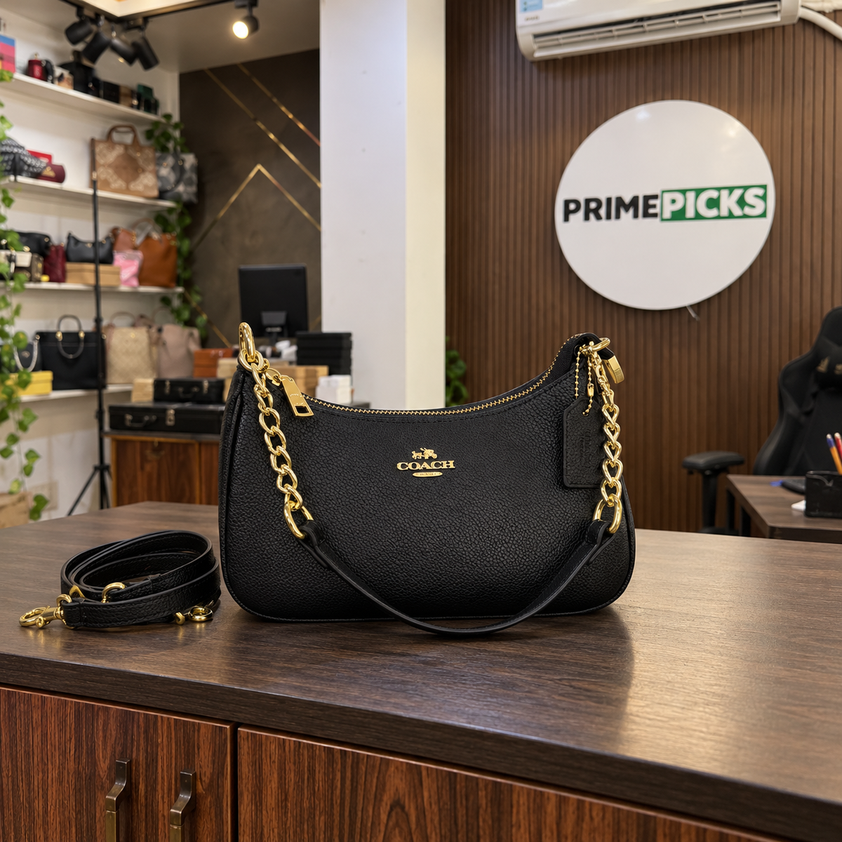 Coach Teri black shoulder bag with gold-tone hardware at the PrimePicks office