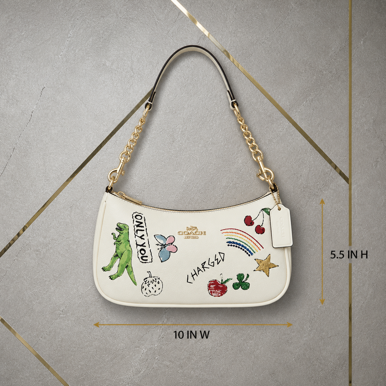 Coach Teri Sketch Print Shoulder Bag size guide 10 inches wide by 5.5 inches high
