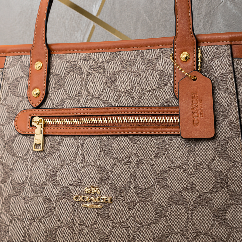 Coach Tote Bag front zipper, hangtag and signature monogram detail
