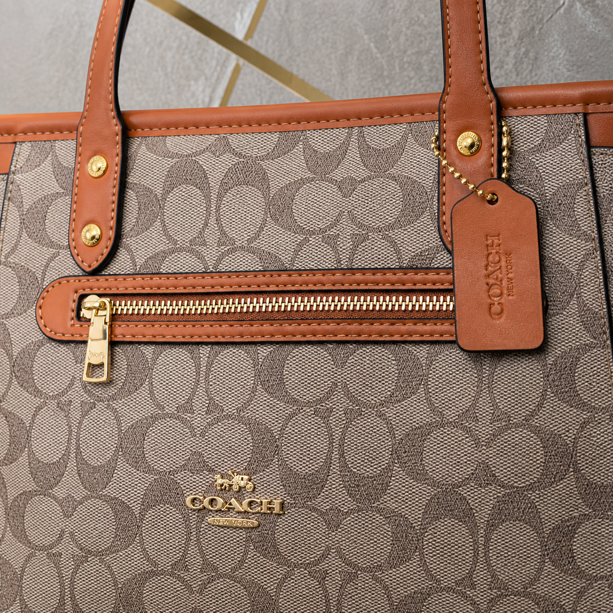 Coach Tote Bag front zipper, hangtag and signature monogram detail