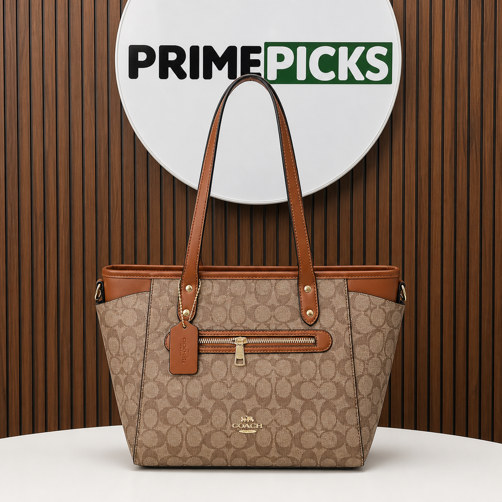 Coach Tote Bag signature monogram hero in PrimePicks office with logo board