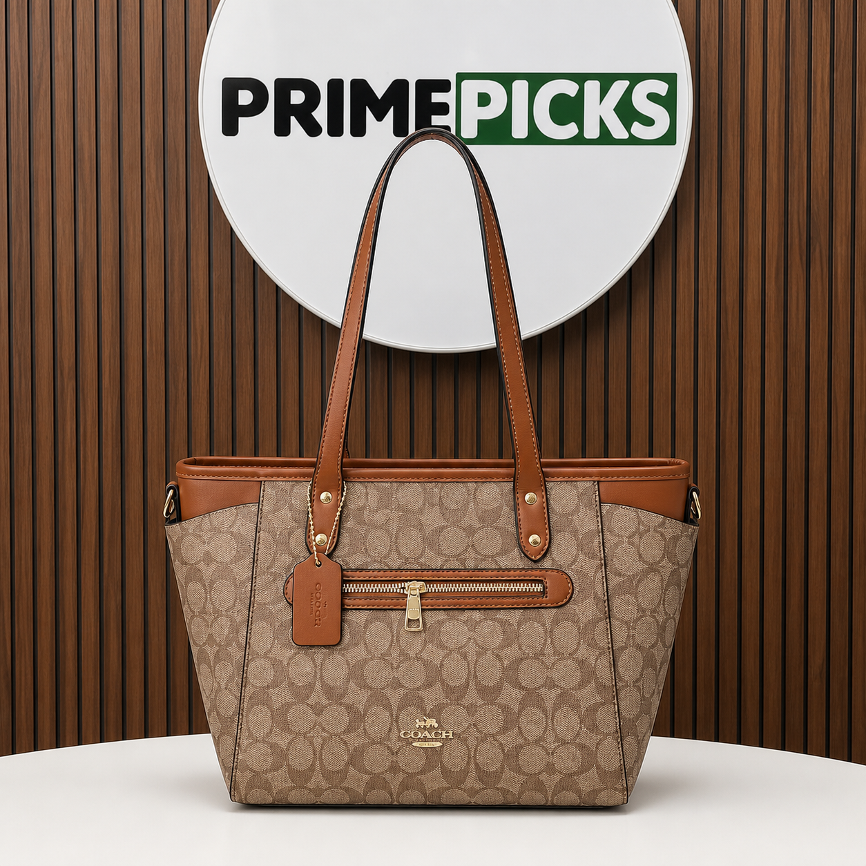 Coach Tote Bag signature monogram hero in PrimePicks office with logo board