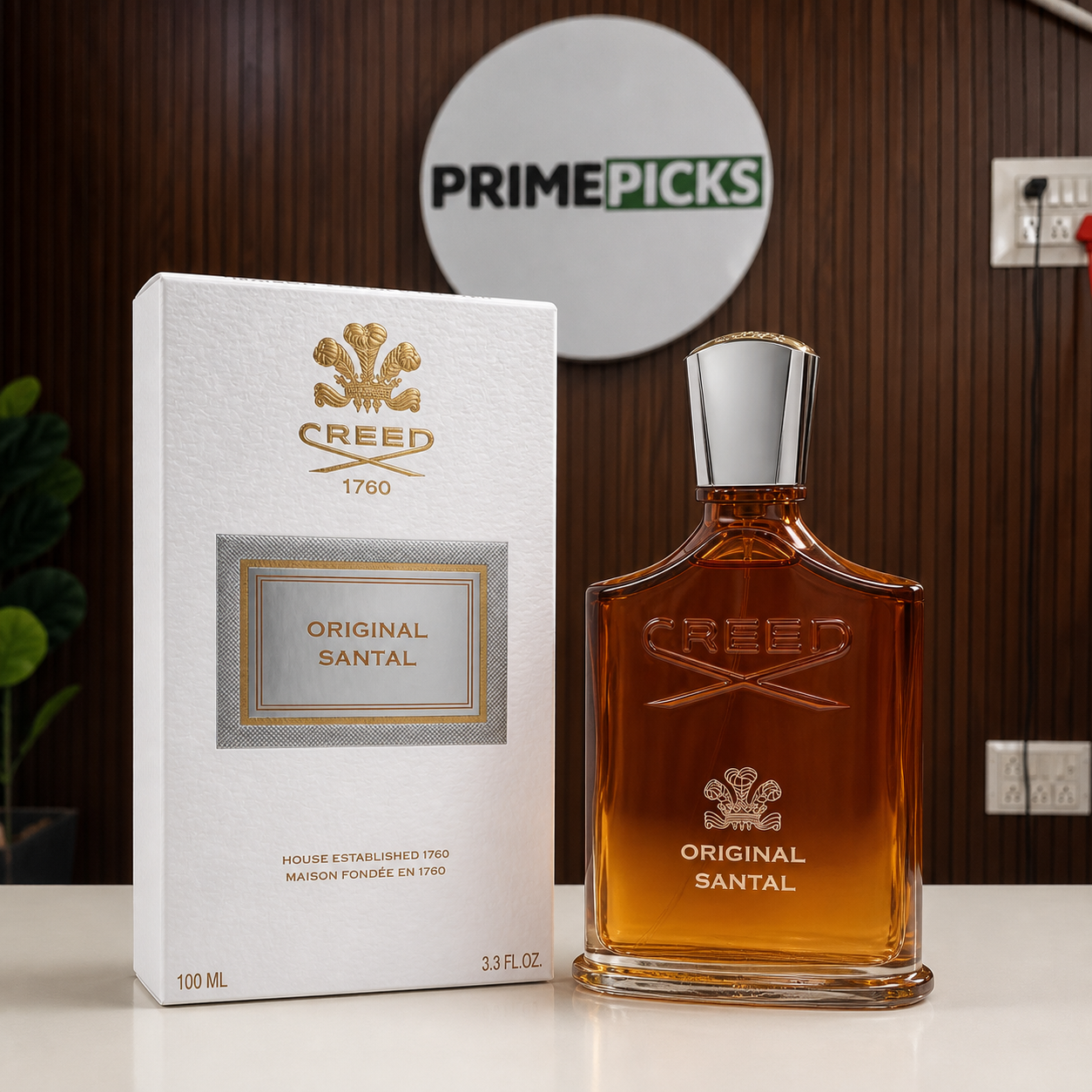 Creed Original Santal perfume 100ml in the PrimePicks office with the PrimePicks sign