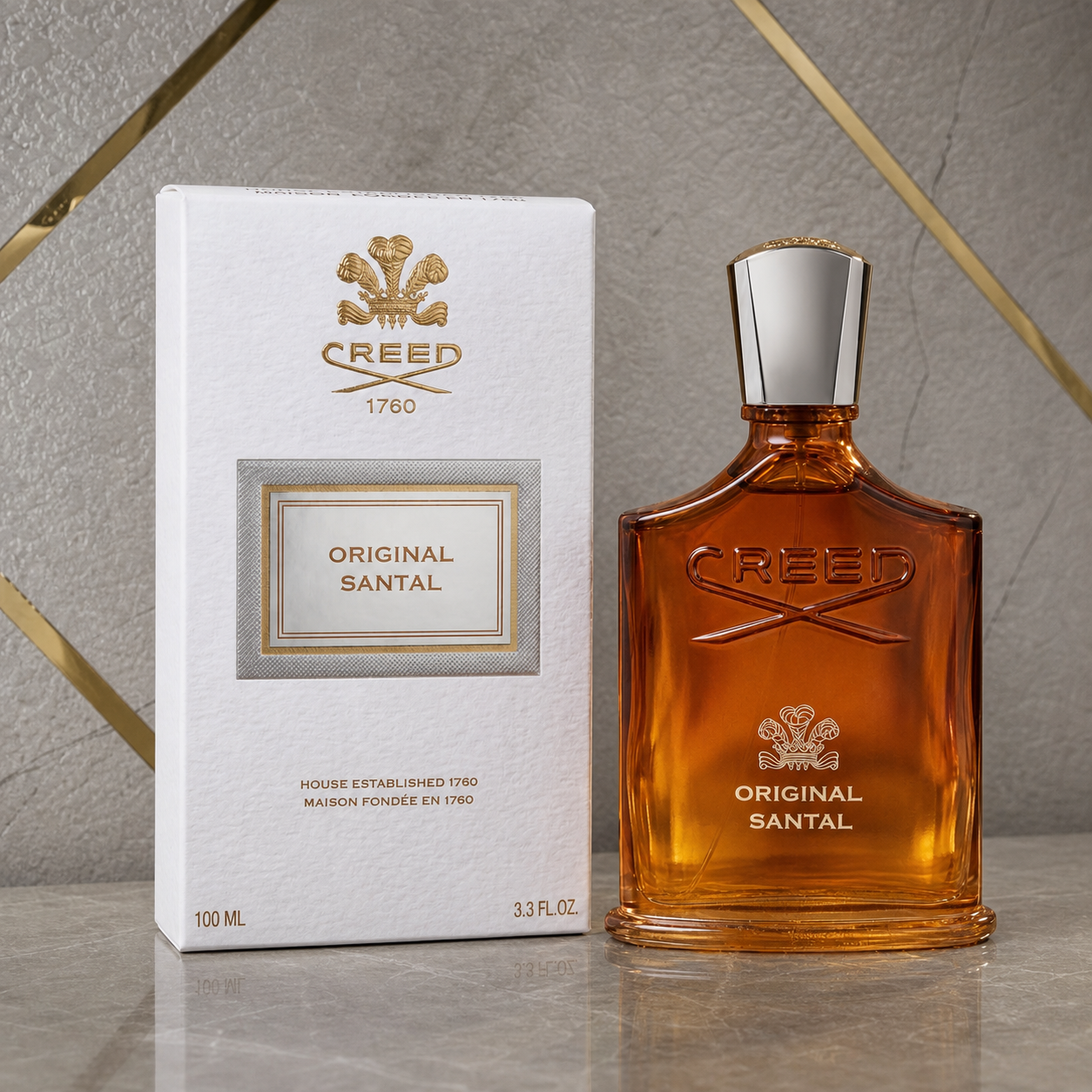 Creed Original Santal perfume 100ml against the PrimePicks grey stone and gold wall