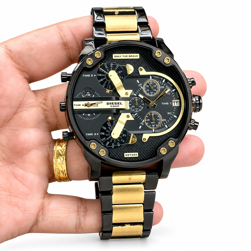 Diesel Mr. Daddy 2.0 DZ7333 black and gold watch on white