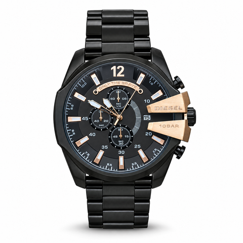 Diesel Mega Chief black gold watch on white background